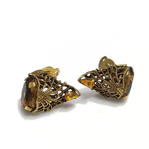 Filigree Topaz Rhinestone Clip Earrings, Large Faceted Glass Bottom, 1960s - Picture 3 of 10